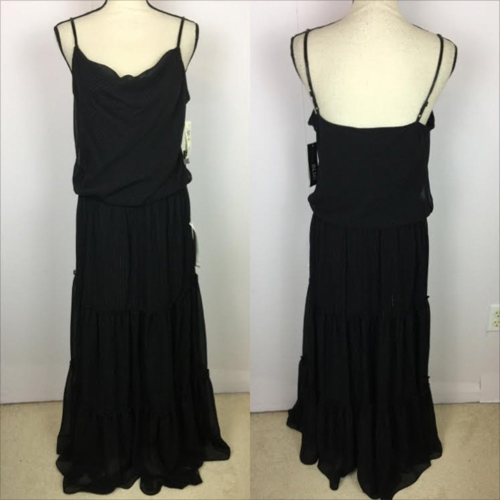 NEW!! Eva Blue Maxi Dress Size 14 Womans Black Metallic Cowl Neck Elastic Waist